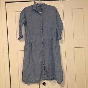 Pure Jill Linen Dress Women XS Button Down Roll Tab Sleeve Pockets Blue‎ Casual
